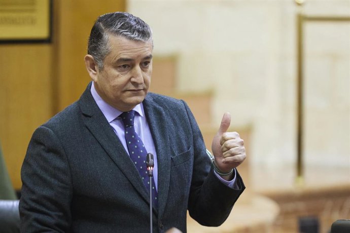 Antonio Sanz responde a una pregunta oral durante la segunda jornada del Pleno del Parlamento andaluz este jueves.