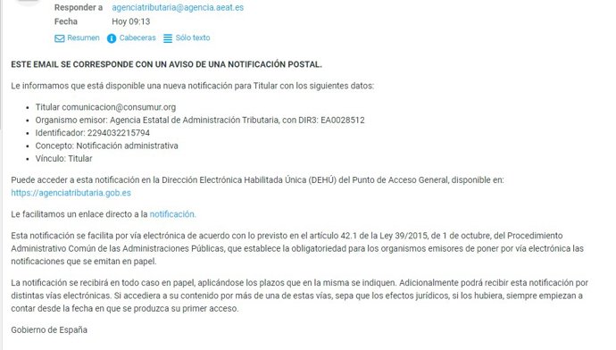 Imagen del correo fraudulento