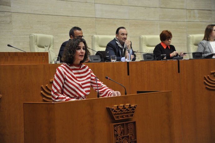 La consejera para la Transición Ecológica y Sostenibilidad de la Junta de Extremadura, Olga García, en el pleno de la Asamblea para la convalidación del decreto ley que declara de interés público la producción de hidrógeno verde en la comunidad