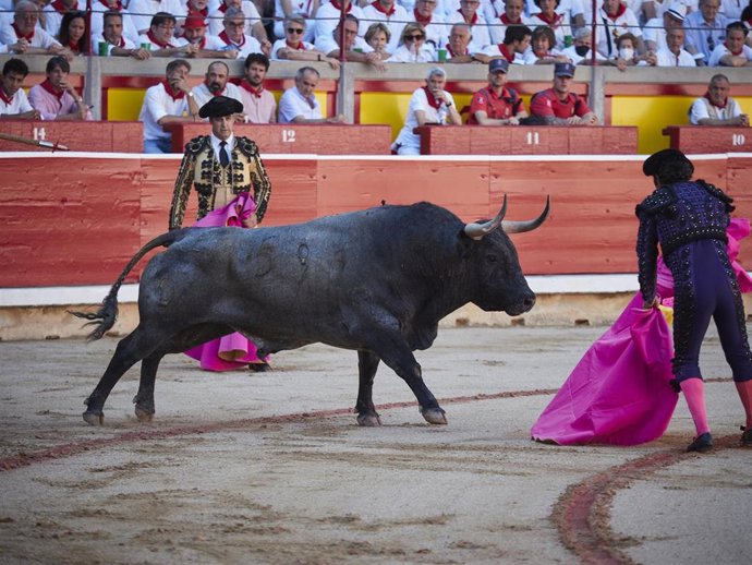Archivo - Un toro de la ganadería de José Escolar Gil sale a la plaza en una corrida durante el cuarto día de las Fiestas de San Fermín 2022, a 9 de julio de 2022, en Pamplona, Navarra (España). 