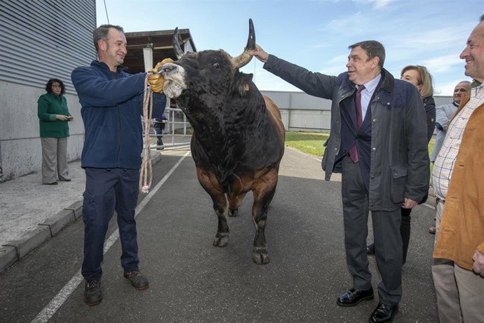 El ministro de Agricultura, Pesca, Alimentación y Medio Ambiente, Luis Planas (d), durante un encuentro con representantes de la Cooperativa de Ganaderos de Asturias (Ascol) y de las asociaciones de criadores de vacuno selecto de la raza Asturiana de lo