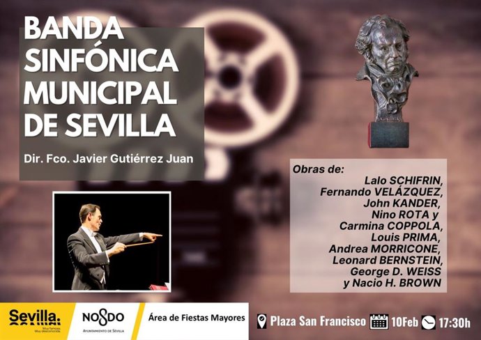 Cartel anunciando el concierto gratuito de música de cine en la Plaza de San Francisco en el marco de la Gala de los Goya.