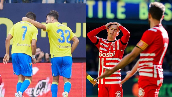 Rubén Sobrino (Cádiz) celebra un gol y Rodrigo Riquelme (Girona) lamenta un lanzamiento errado.
