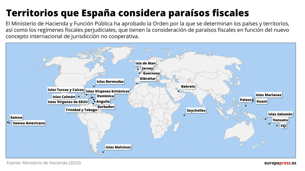 Mapa de territorios que España considera paraísos fiscales