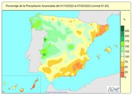 Mapa de lluvias acumuladas en España desde el 1 de octubre de 2022 al 7 de febrero de 2023.