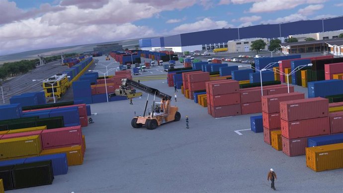 Recreación de la terminal ferroviaria de la Plataforma Logística de Badajoz.