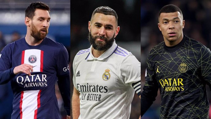 Los futbolistas, de izquierda a derecha, Lionel Messi (PSG), Karim Benzema (Real Madrid) y Kylian Mbappé (PSG).