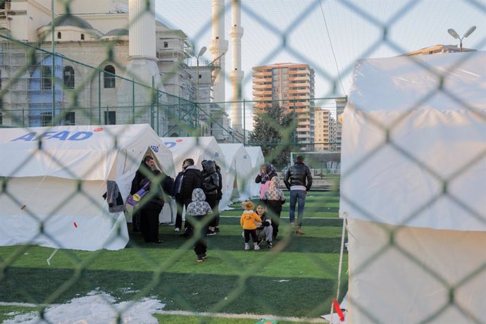February 9, 2023, Gaziantep, Turkiye: Gaziantep, Turkiye. 09 January 2023. Tents are erected in football pitches and stadiums in the Turkish city of Gaziantep for people made homeless by the recent earthquake. Authorities have stepped up aid to earthqua