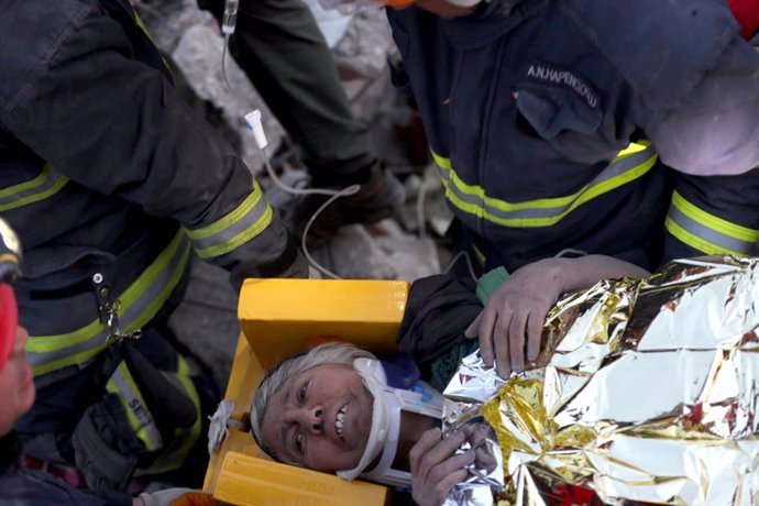 February 9, 2023, Hatay, Trkiye: Antalya Metropolitan Municipality Fire Department rescue team saved Mehmet and Semiha Alkan brothers from the collapsed building at General Sukru Kanatli distirct in Hatay. Powerful earthquakes 7.8 and 7.6 magnitude have