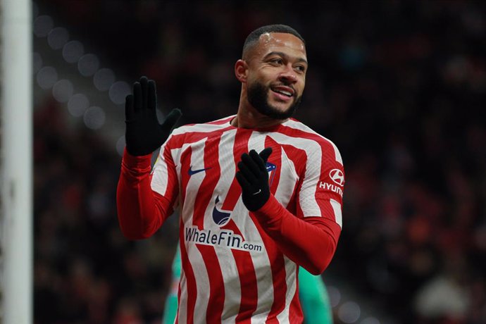 Memphis Depay of Atletico de Madrid gestures during the Spanish League, La Liga Santander, football match played between Atletico de Madrid and Real Valladolid at Civitas Metropolitano stadium on January 21th, 2023, in Madrid, Spain.