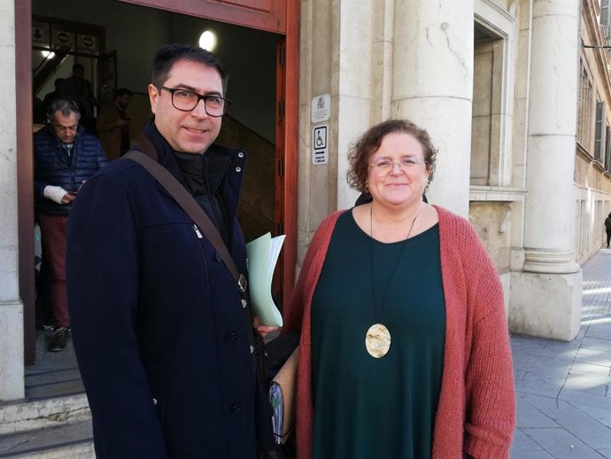 La exconsellera de Cultura y regidora de MÉS en Andratx, Ruth Mateu, junto a su abogado, Sebasti Rubí, tras declarar en el Juzgado por una denuncia del PP.