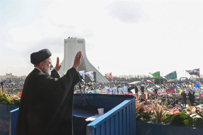 HANDOUT - 11 February 2023, Iran, Tehran: Iranian President Ebrahim Raisi attends an event commemorating the 44th anniversary of the 1979 Islamic Revolution. Photo: -/Iranian Presidency/dpa - ATTENTION: editorial use only and only if the credit mentione
