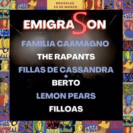 Cartel completo de la primera edición del EmigraSON, que tendrá lugar en Bruselas los días 24 y 25 de marzo.