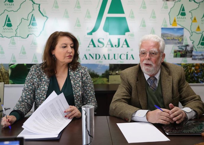 La consejera de Agricultura, Pesca, Agua y Desarrollo Rural, Carmen Crespo (i), junto al presidente de Asaja-Andalucía, Ricardo Serra durante el encuentro en la sede. A 13 de febrero de 2023, en Sevilla (Andalucía, España). La consejera de Agricultura, 