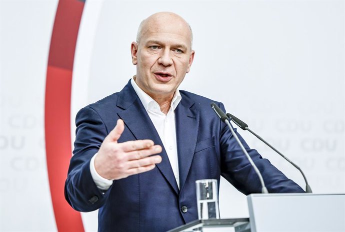 13 February 2023, Berlin: Top candidate of the Christian Democratic Union (CDU) in the Berlin election for the House of Representatives Kai Wegner speaks during a press conference at the Konrad Adenauer House after the CDU's executive committee meeting.