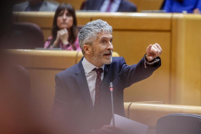El ministro del Interior, Fernando Grande-Marlaska, interviene durante una sesión plenaria de control en el Senado, a 7 de febrero de 2023
