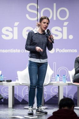 La secretaria de Acción de Gobierno de Podemos y ministra de Igualdad, Irene Montero, interviene durante el acto '¿Consentiste o no? Solo sí es sí', en el Círculo de Bellas Artes, a 5 de febrero de 2023, en Madrid, (España). Podemos ha organizado este a