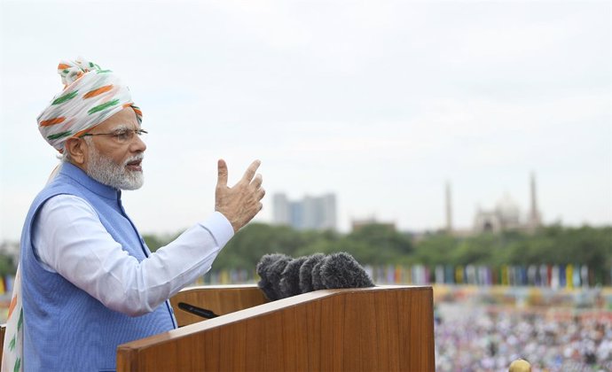 Archivo - 15 August 2022, India, New Delhi: Indian Prime Minister Narendra Modi, addresses the nation marking 75-years since India gained independence from British colonial rule from the ramparts of the Red Fort. Photo: Press Information Bureau/Pib Pho/