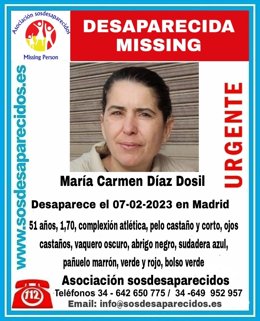 Llamamiento de SOS Desaparecidos para localizar a María del Carmen Díaz Dosil, desaparecida en Madrid el pasado 7 de febrero.