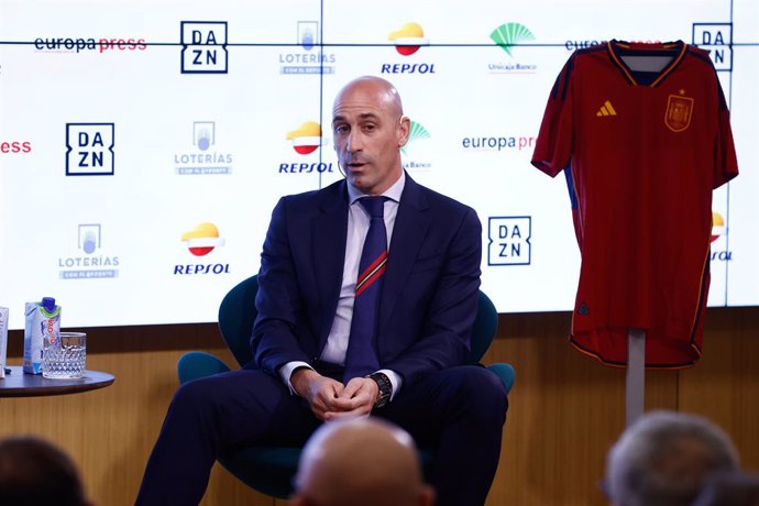 Luis Rubiales attends during the Desayunos Deportivos Europa Press for Luis Rubiales, President of the RFEF, celebrated at Castellana 81 on February 14, 2023, in Madrid, Spain.