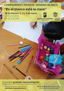 Cartel del campamento infantil 'En el blanco está la clave' del MUPAM.