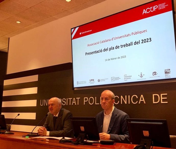 El presidente de la Acup y rector de  la Universitat Politcnica de Catalunya (UPC), Daniel Crespo; y el secretario ejecutivo de la Acup, Josep M. Vilalta, a 14 de febrero de 2023.