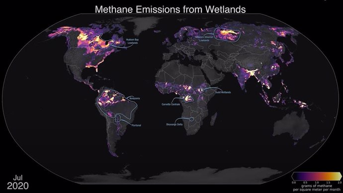 Emisiones de metano desde zonas húmedas en julio de 2020