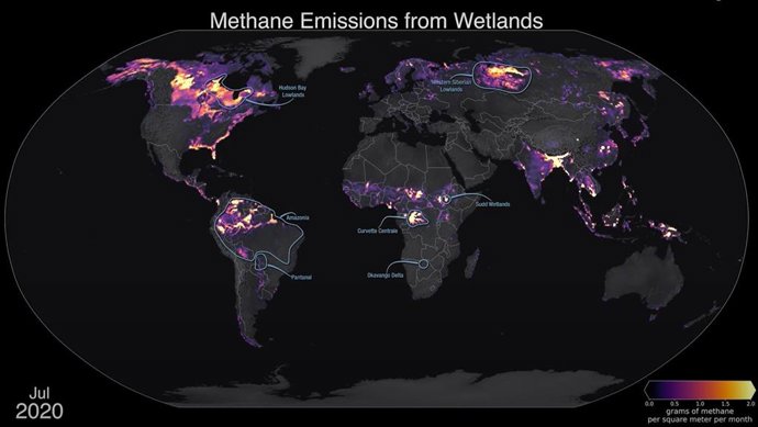 Emisiones de metano desde zonas húmedas en julio de 2020