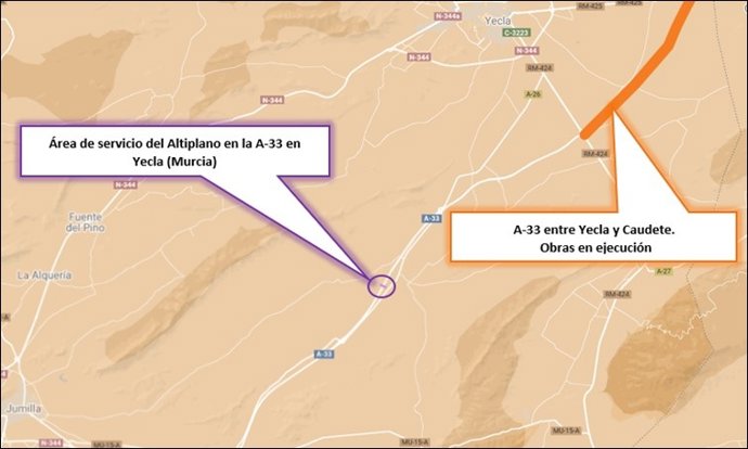 Localización del área de servicio del Altiplano en la autovía A-33, en el término municipal de Yecla (Murcia)