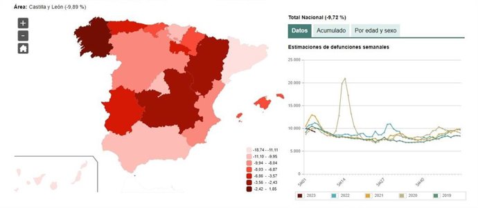Mapa elaborado por el INE sobre la estimación de defunciones en CyL hasta la 4 semana del año
