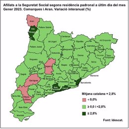 Archivo - Variación interanual de la afiliación a la Seguridad Social según residencia en el último día de enero de 2023