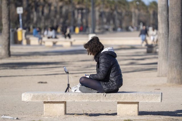Una persona sentada en el puerto de la playa de la Malvarrosa el día más frío del año, a 21 de enero de 2023