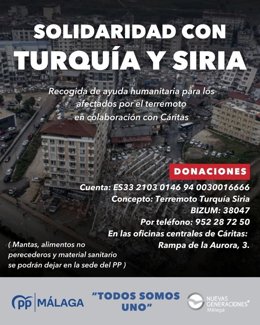 Cartel de la campaña impulsada por el PP de Málaga para la recogida de ropa y alimentos para Turquía y Siria tras el terremoto.