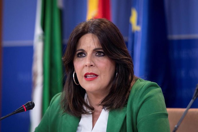 La portavoz del grupo parlamentario PSOE-A, Ángeles Férriz, durante su comparecencia en rueda de prensa en el Parlamento de Andalucía. A 15 de febrero de 2023, en Sevilla (Andalucía, España). Los portavoces de los grupos parlamentarios, se dan cita en l