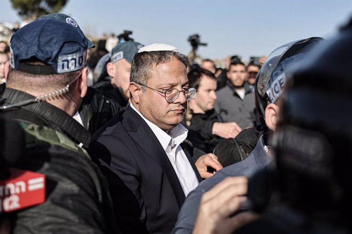 10 February 2023, Israel, Jerusalem: Israeli Minister of National Security Itamar Ben-Gvir visits the scene of an accident in which two people were killed, one of whom is a child, and at least five others were injured when a vehicle struck a crowd of pe