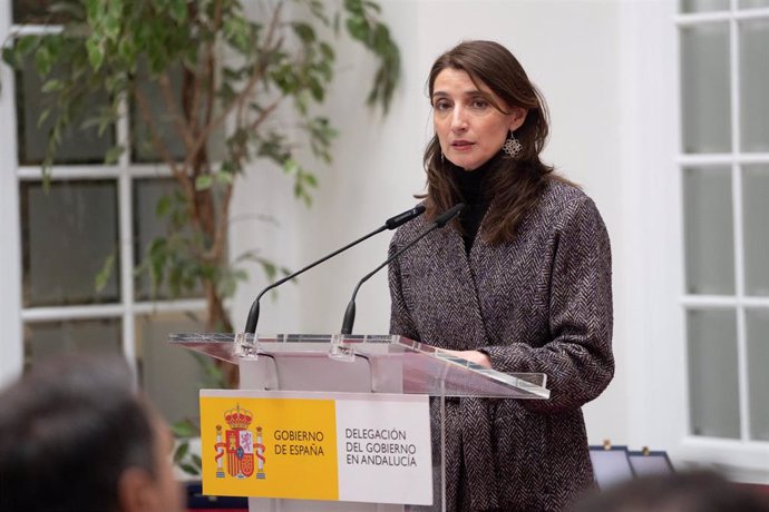 La ministra de Justicia, Pilar Llop, interviene en el acto de la entrega de las condecoraciones de la Orden de San Raimundo de Peñafort, a 10 de febrero de 2023 en Sevilla, (Andalucía, España).