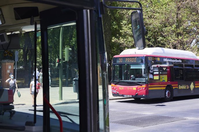 Archivo - Detalle de un autobús de Tussam circulando.