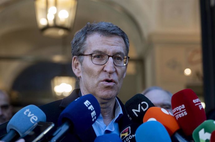 El líder del Partido Popular, Alberto Núéz Feijóo, durante la capilla ardiente del cineasta Carlos Saura instalada en la Academia de Cine, a 13 de febrero de 2023, en Madrid (España).  el ex director de la Academia, Mariano Barroso.