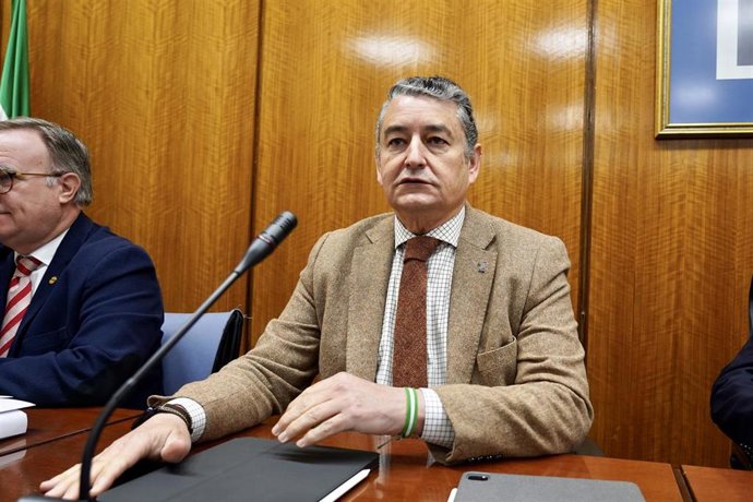 El consejero de la  Presidencia, Interior, Diálogo Social y Simplificación Administrativa, Antonio Sanz, durante su comparecencia en sede parlamentaria en la comisión  de Presidencia, Interior, Diálogo Social y Simplificación Administrativa a 16 de febr