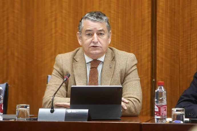 El consejero de la  Presidencia, Interior, Diálogo Social y Simplificación Administrativa, Antonio Sanz, durante su comparecencia en sede parlamentaria en la comisión  de Presidencia, Interior, Diálogo Social y Simplificación Administrativa a 16 de febr