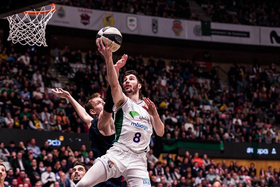 Dario Brizuela of Unicaja in action during the ACB Copa del Rey Badalona '23 Quarter Finals match between FC Barcelona and Unicaja at Palau Olimpic de Badalona on February 16, 2023 in Badalona, Barcelona, Spain.