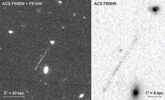 Estas imágenes de la Advanced Camera for Surveys del Hubble muestran la característica lineal que puede resultar de un agujero negro supermasivo fuera de control por el espacio