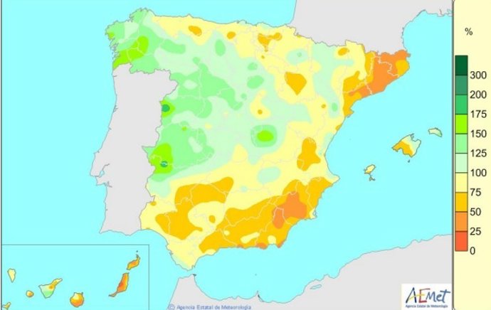 Porcentaje de la precipitación acumulada desde el 1 de octubre de 2022 al 14 de febrero de 2023.
