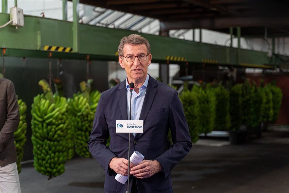 El líder del Partido Popular, Alberto Núñez Feijóo, interviene durante su visita a una empresa empaquetadora de plátanos, a 17 de febrero de 2023, en Los Llanos de Aridane, La Palma, Santa Cruz de Tenerife, Canarias (España). Feijóo ha visitado la isla 