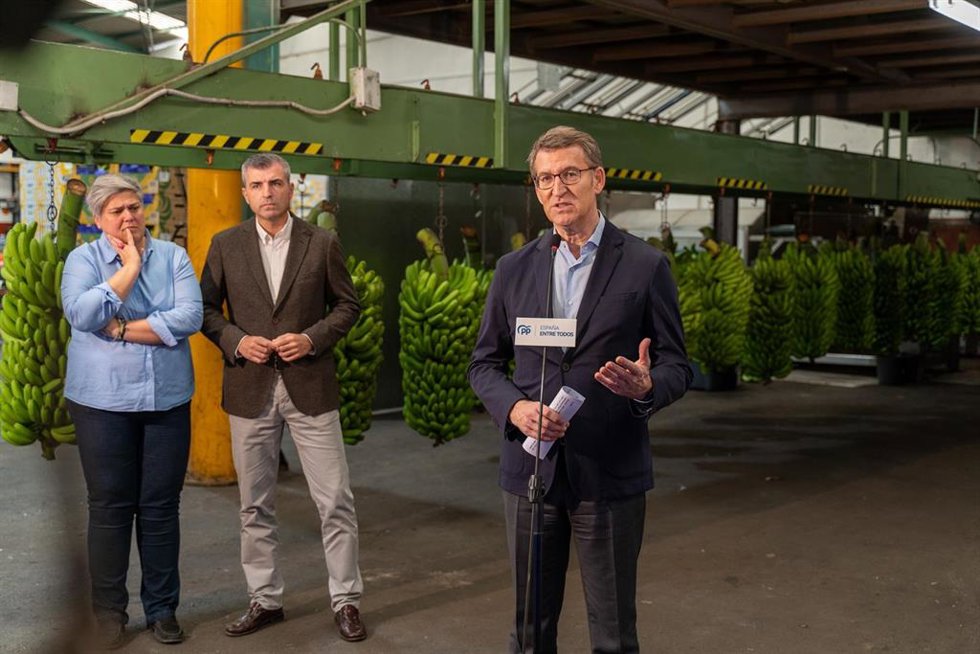 El líder del Partido Popular, Alberto Núñez Feijóo, interviene durante su visita a una empresa empaquetadora de plátanos, a 17 de febrero de 2023, en Los Llanos de Aridane, La Palma, Santa Cruz de Tenerife, Canarias (España). Feijóo ha visitado la isla