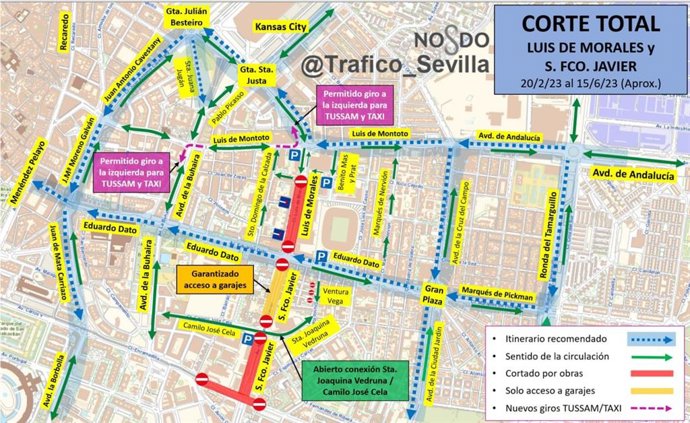 Mapa con el plan de tráfico que activará el Ayuntamiento el próximo 20 de febrero por el corte total de Luis de Morales por las obras de ampliación del tranvía.