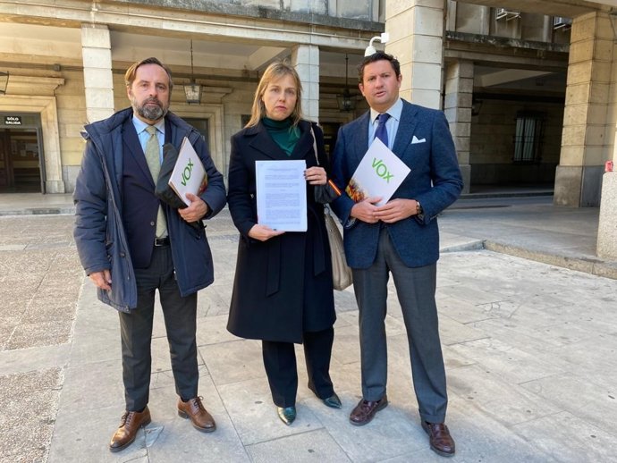 Cristina Peláez, portavoz de Vox y candidata de esta formación a la Alcaldía de Sevilla, a las puertas de la Audiencia Provincial.