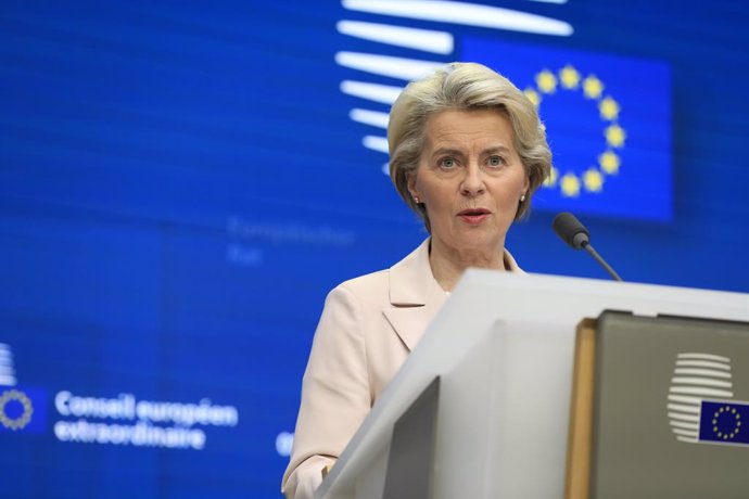 10 February 2023, Belgium, Brussels: European Commission President Ursula von der Leyen holds a joint press conference with European Council President Charles Michel after the EU summit in Brussels. Photo: Nicolas Landemard/Le Pictorium Agency via ZUMA/