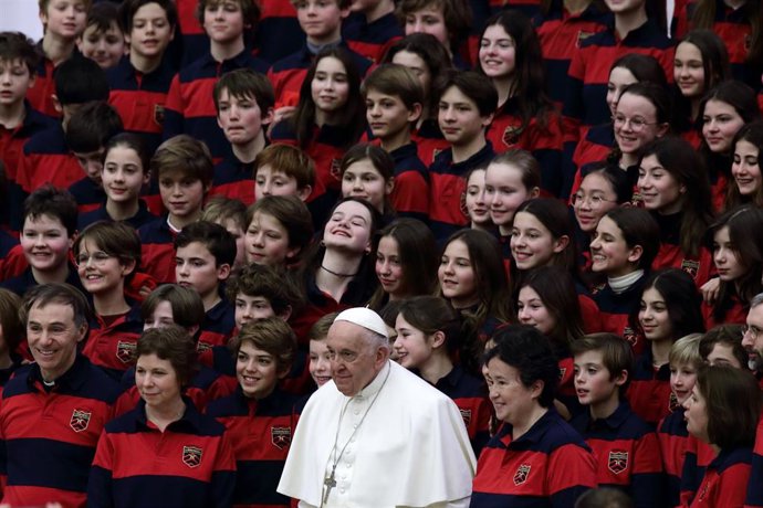 February 08, 2023, Vatican City State, Holy See: POPE FRANCIS during his weekly general audience in the Paul VI Hall at the Vatican.,Image: 754843252, License: Rights-managed, Restrictions: , Model Release: no, Pictured: Francis Pope, Credit line: Evand