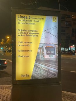 Cartel publicitario que el PP sopesa denunciar sobre el inicio de las obras de la línea 3 del Metro.